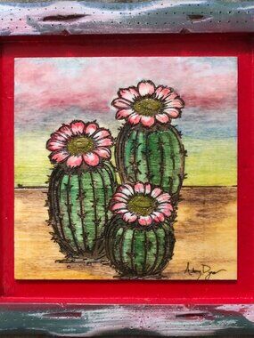 Desert Trio in Bloom Wood Burned Framed Art 6 x 6